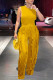 Yellow Casual Solid Color Fringed Trim O Neck Sleeveless Two Pieces