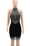 Black Sexy Patchwork See-Through Backless Mesh Hot Drill Half A Turtleneck Wrapped Skirt Dresses
