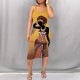Yellow Street Print Patchwork Square Neck Wrapped Skirt Dresses
