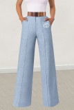 Blue Casual Daily Letter Print Buttons Zipper Loose High Waist Straight Positioning Print Bottoms