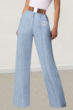 Blue Casual Daily Letter Print Buttons Zipper Loose High Waist Straight Positioning Print Bottoms