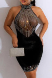 Black Sexy Patchwork See-Through Backless Mesh Hot Drill Half A Turtleneck Wrapped Skirt Dresses