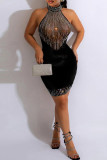 Black Sexy Patchwork See-Through Backless Mesh Hot Drill Half A Turtleneck Wrapped Skirt Dresses