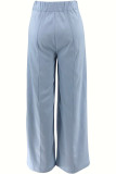 Blue Casual Daily Letter Print Buttons Zipper Loose High Waist Straight Positioning Print Bottoms