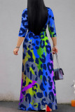 Blue Casual Street Leopard Print Lace Up Contrast V Neck Printed Dresses