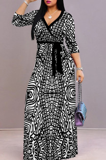 Black And White Casual Print Patchwork Strap Design V Neck Long Dresses