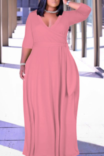 Pink Casual Solid Color Belted V Neck Long Dresses
