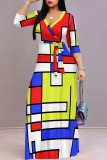 Black Casual Street Daily Geometric Print With Belt Contrast V Neck Printed Dresses