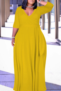 Yellow Casual Solid Color Belted V Neck Long Dresses