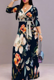Black White Casual Print Patchwork Strap Design V Neck Long Dresses