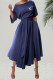 Blue Daily Elegant Letter Print Pocket Lace Up Sloping Shoulder Irregular Short Sleeve Dress