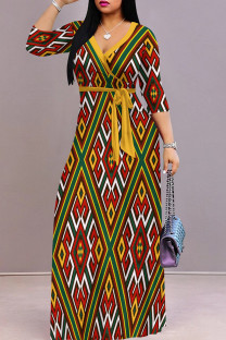 Red Yellow Casual Print Patchwork Strap Design V Neck Long Dresses