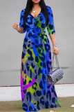Lake Blue Casual Street Leopard Print Lace Up Contrast V Neck Printed Dresses