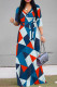 Blue Casual Street Geometric Print With Belt Contrast V Neck Printed Dresses