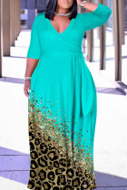 Blue Casual Print Patchwork Belted V Neck Long Dresses