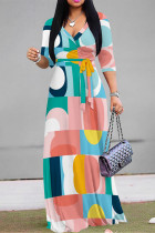 Blue Pink Casual Street Geometric Print With Belt Contrast V Neck Printed Dresses
