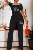 Black Casual Letters Patchwork Hot Drill U Neck Short Sleeve Two Pieces