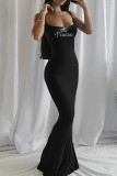 Black Street Letters Patchwork Backless Hot Drill Spaghetti Strap Sling Dresses