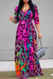 Orange Casual Street Leopard Print Lace Up Contrast V Neck Printed Dresses