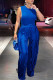 Blue Casual Solid Color Fringed Trim O Neck Sleeveless Two Pieces