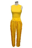 Yellow Casual Solid Color Fringed Trim O Neck Sleeveless Two Pieces