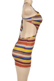 Multi-color Sexy Stripe Patchwork Backless Strap Design Halter Wrapped Skirt Dresses