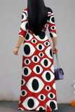 Red Casual Street Geometric Print With Belt Contrast V Neck Printed Dresses