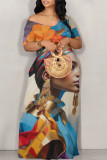 Apricot Casual Street Figure Print Off Shoulder Printed Dresses