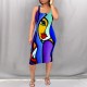 Multicolor Street Print Patchwork Square Neck Wrapped Skirt Dresses