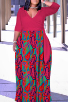 Rose Red Casual Print Patchwork Belted V Neck Long Dresses