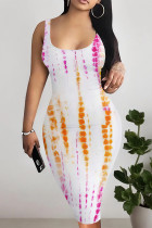 Pink Orange Sexy Geometric Print Contrast U Neck Printed Dresses