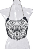 Black Street Print Chains Backless Halter Tops
