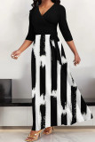 Black Casual Street Geometric Print With Belt Contrast V Neck Printed Dresses