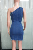 Blue Sexy Patchwork Backless Sloping Shoulder Sleeveless Regular Denim Dresses