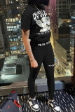 Black Casual Print Patchwork O Neck Short Sleeve Two Pieces