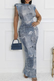 Blue Street Print Patchwork O Neck Long Dresses