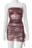 Purple Sexy Print Patchwork Backless Ruched Strapless Wrapped Skirt Dresses