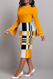 Orange Celebrities Print Patchwork Slit Zipper Contrast O Neck Wrapped Skirt Dresses