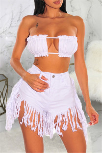 White Fashion Casual Solid Tassel High Waist Regular Jeans