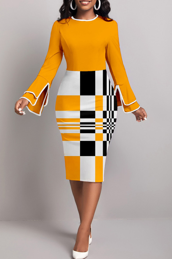 Orange Celebrities Print Patchwork Slit Zipper Contrast O Neck Wrapped Skirt Dresses