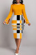Orange Celebrities Print Patchwork Slit Zipper Contrast O Neck Wrapped Skirt Dresses