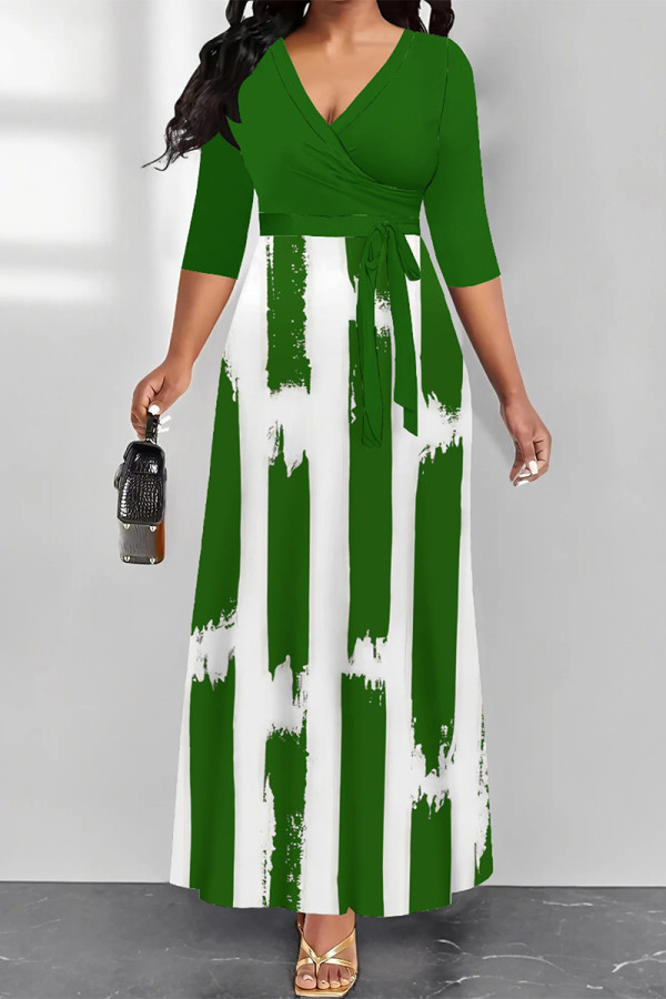 Green Casual Street Geometric Print With Belt Contrast V Neck Printed Dresses