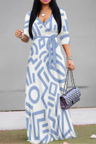 Baby Blue Casual Street Geometric Print Lace Up V Neck Printed Dresses