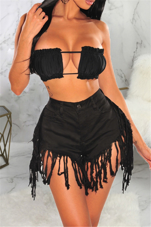 Black Fashion Casual Solid Tassel High Waist Regular Jeans