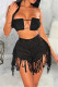 Black Fashion Casual Solid Tassel High Waist Regular Jeans