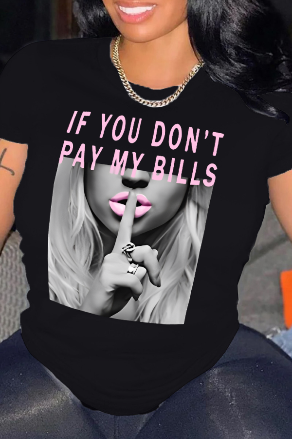 Black Casual Print Basic O Neck T-Shirts
