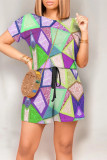 Purple Casual Geometric Print Draw String Pocket Contrast O Neck Loose Rompers
