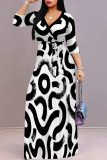 Black Casual Street Geometric Print Lace Up V Neck Printed Dresses