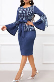 Tibetan Blue Celebrities Print Patchwork Strap Design O Neck Wrapped Skirt Dresses