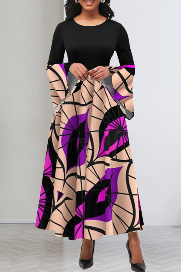 Black Celebrities Print Patchwork Zipper O Neck A Line Dresses